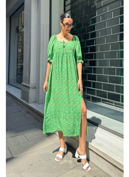 For You Moda فستان أخضر طويل بنمط مجمع ومش slit من الفيسكوز الطبيعي  - Image 4