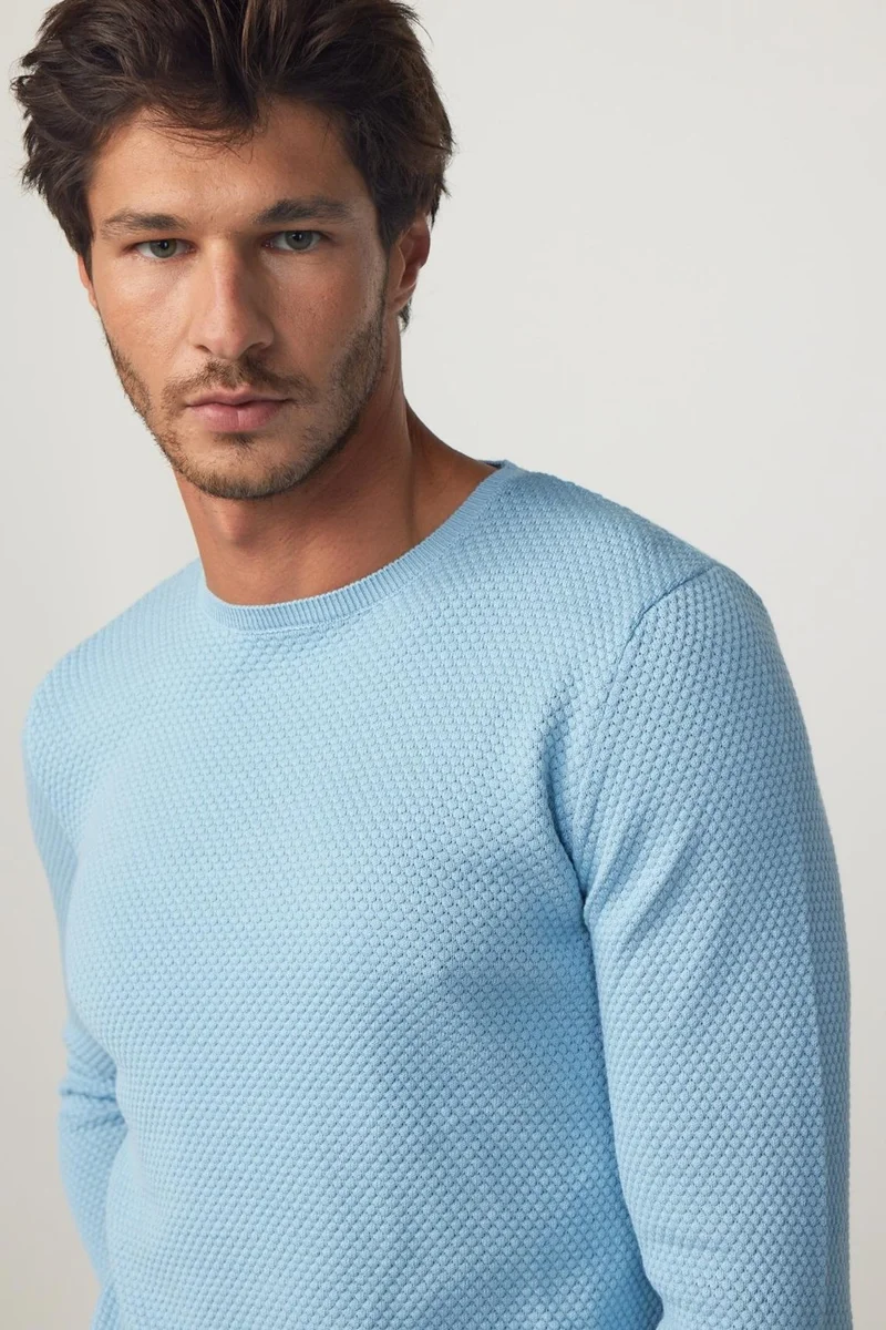 Tudors Slim Fit Crew Neck Honeycomb Patterned Blue Men's Knitwear Sweater