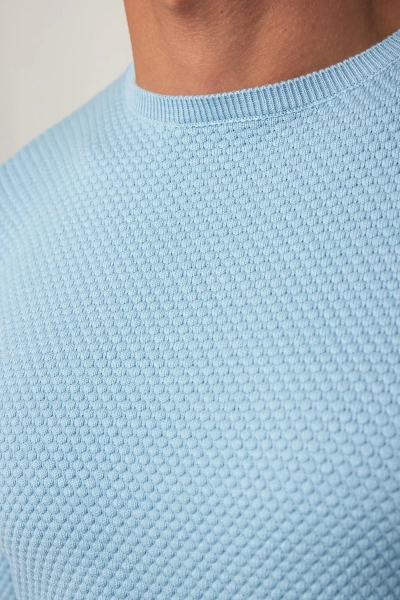 Tudors Slim Fit Crew Neck Honeycomb Patterned Blue Men's Knitwear Sweater