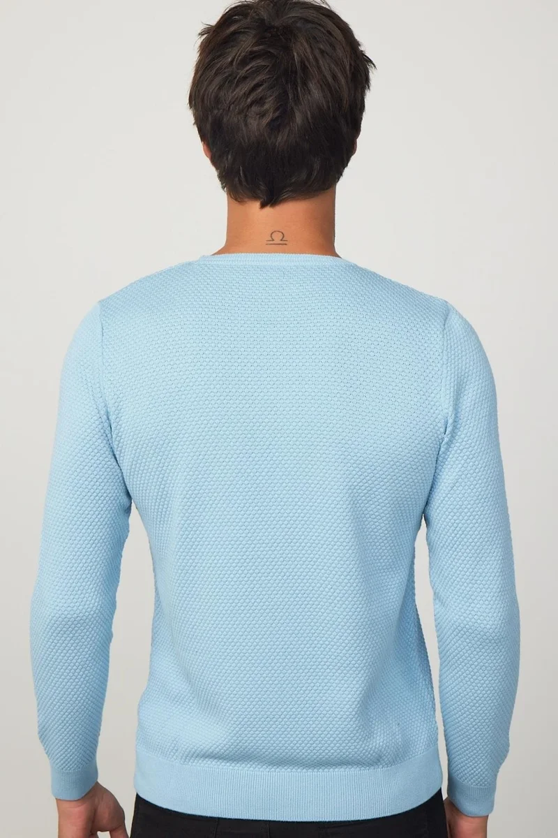 Tudors Slim Fit Crew Neck Honeycomb Patterned Blue Men's Knitwear Sweater