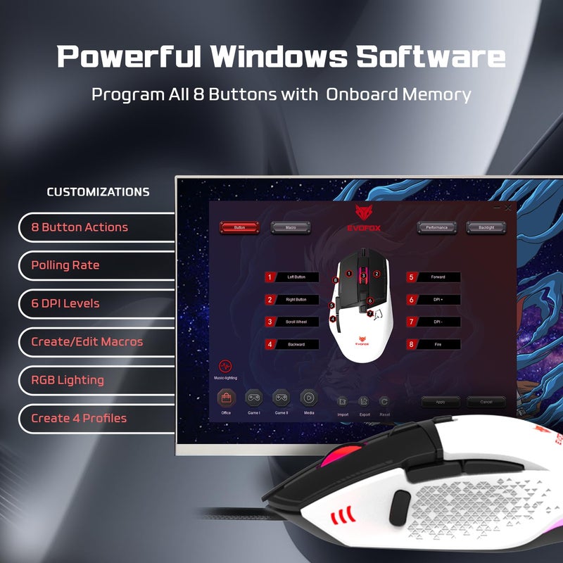 EvoFox Phantom 2 Programmable Gaming Mouse, 8 Programmable Buttons | High Performance 1000Hz Polling Rate | Ultra-Responsive 7000 FPS | 12800 DPI | RGB Lights with Music sync Mode,Windows Software - Image 3