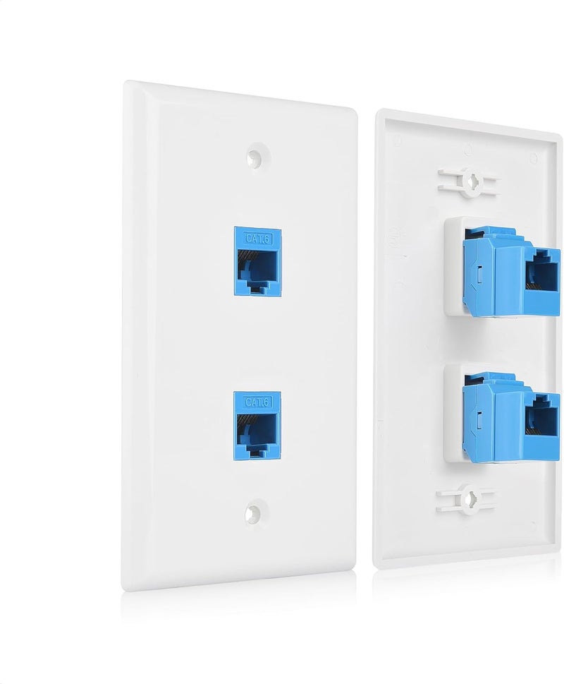 CableMatters 2-Pack 2-Port Ethernet Wall Plate, Cat6 Wall Plate with Blue RJ45 Keystone Jack, Ethernet Jack Outlet in White - Image 1