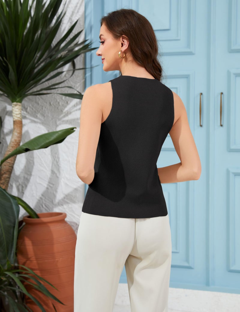 Yeokou Women Halter Cross Over Collar Tank Knit Sleeveless Top Solid Color Casual Summer Blouse(Black-M) - Image 4
