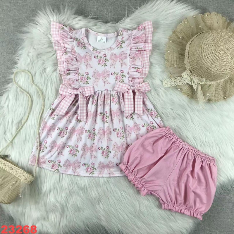 Summer Children'S Clothing Pink Bow Printing Girls Cute Sleeveless Shorts Suit - Image 2