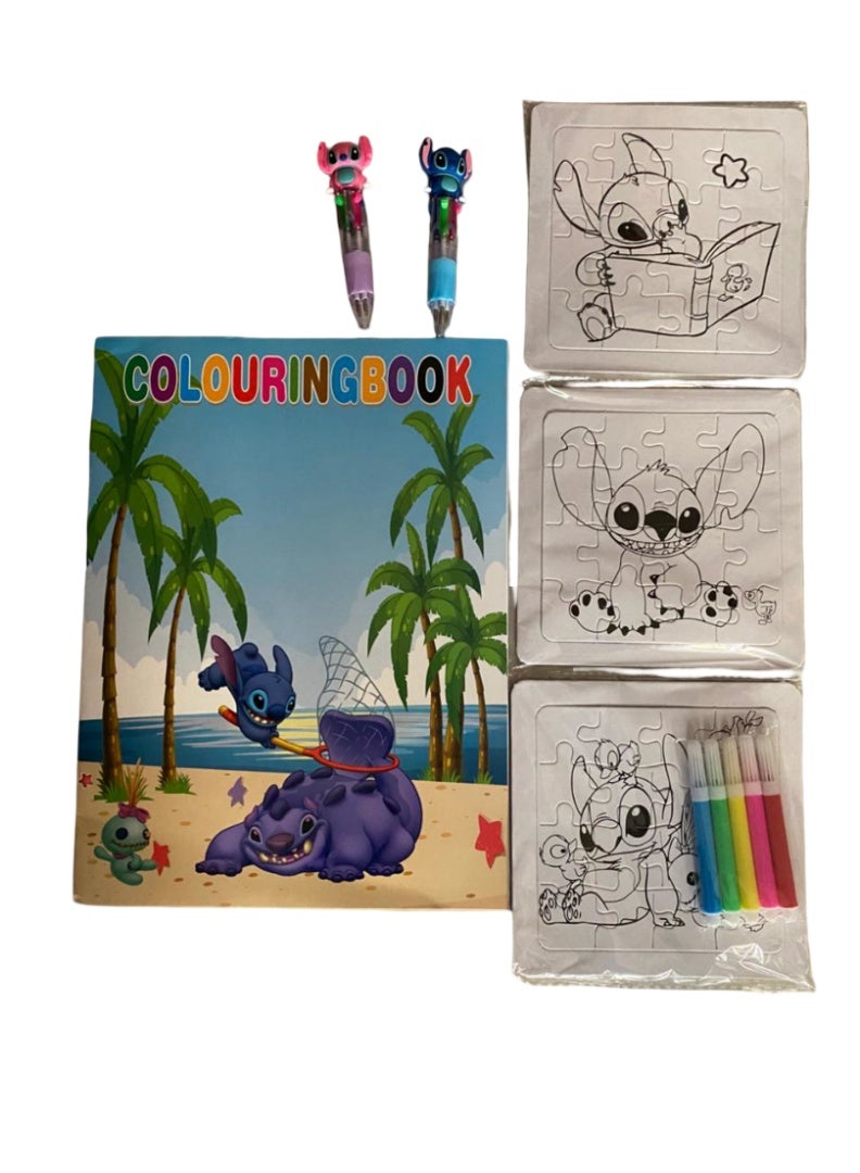 مجموعة هدايا بتصميم ستيتش، تتضمن كتاب تلوين واحد، قلمين، و3 قطع أحجية تلوين، مثالية لأعياد الميلاد والأنشطة وتوزيعات الحفلات.