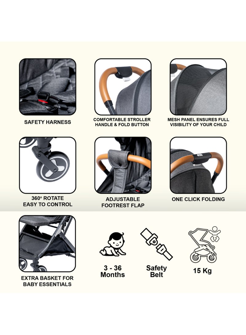 molody Lightweight Travel Stroller with Mosquito Mesh, Adjustable Canopy, and Trolley Handle for Easy Air Travel-Black - Image 4