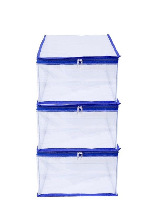 ABBASI Saree Cover Storage Bag Big for Clothes with Zip Organizer for Wardrobe, transparent Large Design Boxes (Navy Blue, Pack of 3) - Image 1