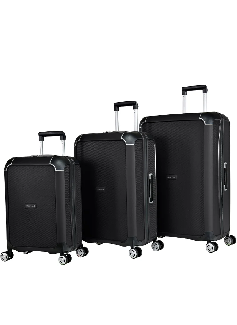 eminent Champion Hard Case Travel Bags Trolley Luggage Sets of 3 Polypropylene Lightweight 4 Quiet Double Spinner Wheels Suitcase With TSA Lock B0002 Black