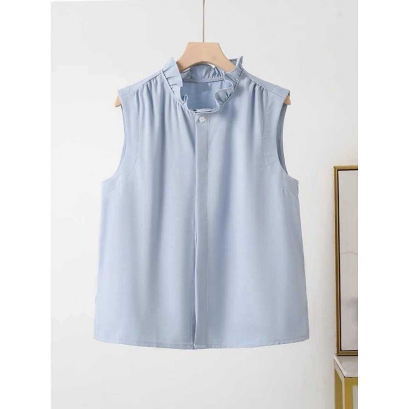 Autumn/Winter New Inner Lotus Leaf Collar Sleeveless Shirt Lace Base Layer Top Womens Elegant Slimming Versatile Trendy Blouse Blue 