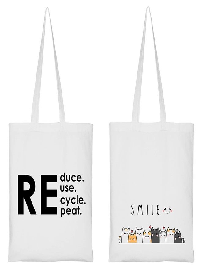 Clapcart Reusable Zipper Tote Bag set of 2 for Women/Girls | Multipurpose 100% Organic Printed Tote Bag | Shopping/Grocery Bag | Sturdy Canvas Bag with 12kgs Capacity (Reduce and smile) - Image 1