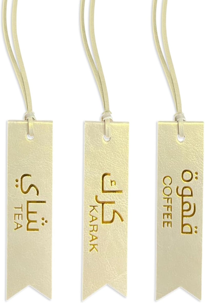 LEART Rectangle Dallah Flask Tags, تعليقات الدلال - Dallah Coffee Pot, Tea and Coffee Tag | للشاي تعليقة للقهوه و تعليقة | Dallah Tag (Metallic Cream - Set of 3) - Image 1