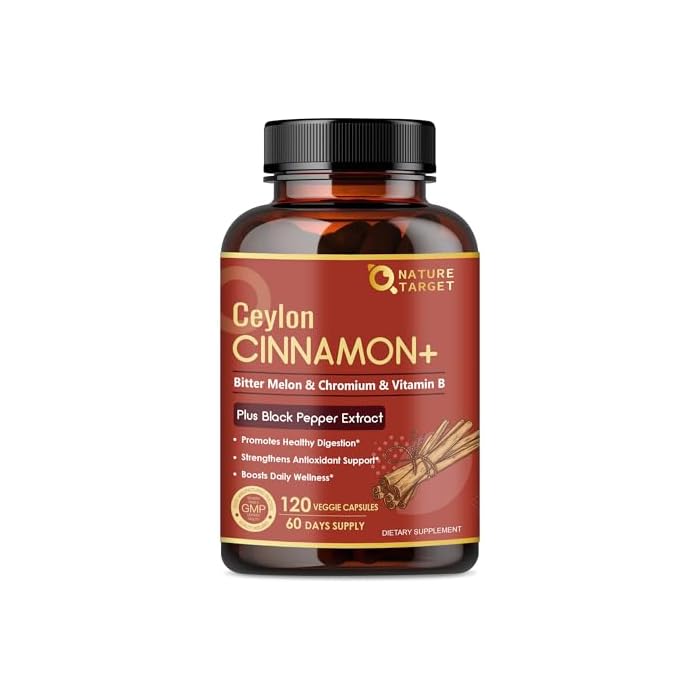 NATURE TARGET Ceylon Cinnamon - Cinnamon Supplements with Chromium, Bitter Melon & B Vitamins - Energy & Digestion Support - Vegan, 120 Capsules - Image 1