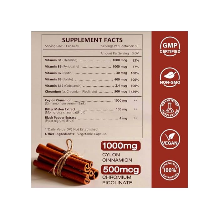 NATURE TARGET Ceylon Cinnamon - Cinnamon Supplements with Chromium, Bitter Melon & B Vitamins - Energy & Digestion Support - Vegan, 120 Capsules - Image 2