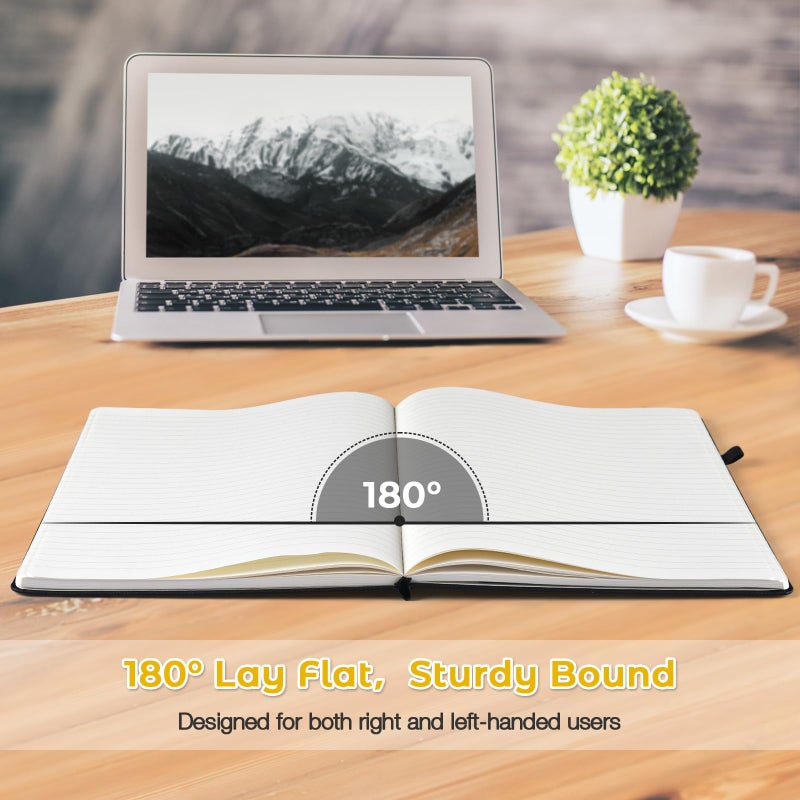 MaleDen دفتر ملاحظات مخطط، 8.5" × 11" دفتر جلد صلب للعمل، دفتر ملاحظات واسع للنساء والرجال، 192 ورقة سميكة، يفتح بشكل مسطح، 2 جيب، دفاتر كبيرة A4 للكتابة، دفتر أصفر - Image 3