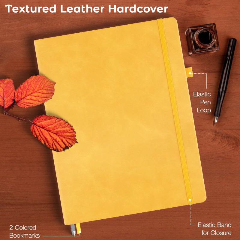 MaleDen دفتر ملاحظات مخطط، 8.5" × 11" دفتر جلد صلب للعمل، دفتر ملاحظات واسع للنساء والرجال، 192 ورقة سميكة، يفتح بشكل مسطح، 2 جيب، دفاتر كبيرة A4 للكتابة، دفتر أصفر - Image 5