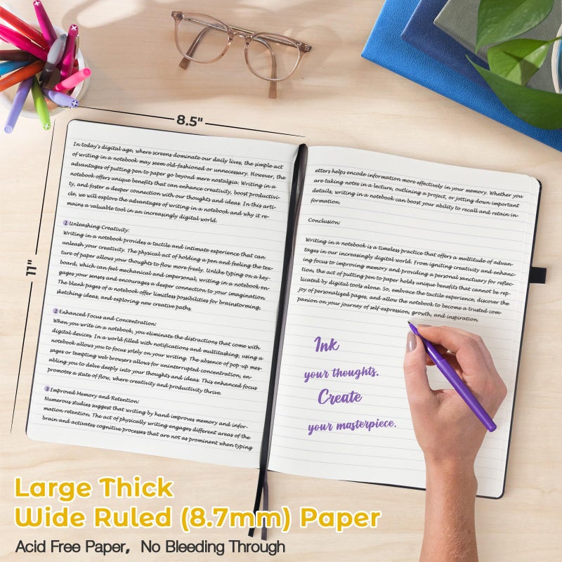 MaleDen دفتر ملاحظات مخطط، 8.5" × 11" دفتر جلد صلب للعمل، دفتر ملاحظات واسع للنساء والرجال، 192 ورقة سميكة، يفتح بشكل مسطح، 2 جيب، دفاتر كبيرة A4 للكتابة، دفتر أصفر - Image 2
