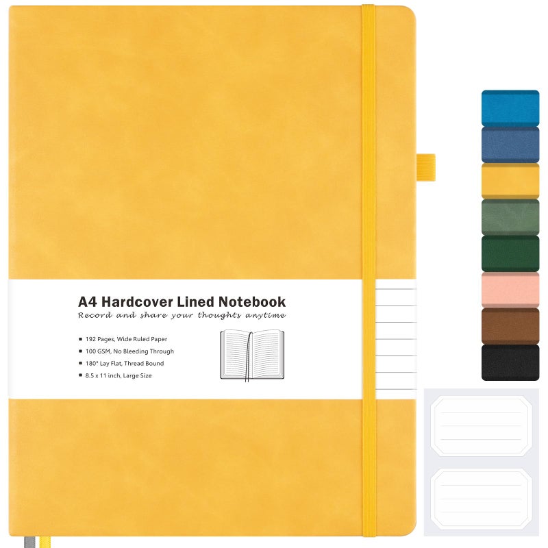 MaleDen دفتر ملاحظات مخطط، 8.5" × 11" دفتر جلد صلب للعمل، دفتر ملاحظات واسع للنساء والرجال، 192 ورقة سميكة، يفتح بشكل مسطح، 2 جيب، دفاتر كبيرة A4 للكتابة، دفتر أصفر - Image 1
