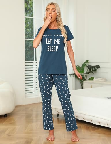 EISHOPEER Women's Pajama Set Printed Short Sleeve Top & Long Pants Sleepwear Pjs Sets S Peacock Blue - Image 2
