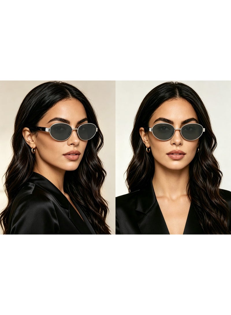 Hiras Women‘s Sunglasses - Quiet Luxury Oval & Cat-Eye Style, Preppy Metal Frame with UV400 Protection, Classic Silver Shades for Women & Men - Image 2