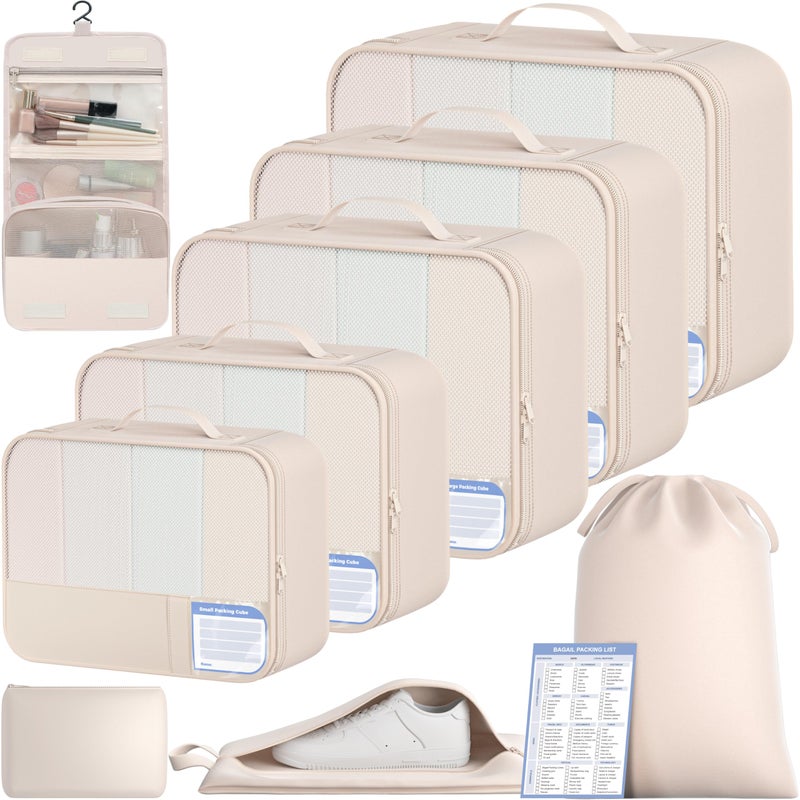 BAGAIL 9 Set Packing Cubes with Packing List Luggage Packing Organizers for Travel Accessories (Cream) - Image 1