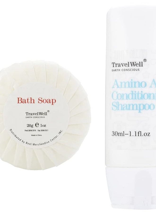 Travelwell Individually Wrapped 30ml Hotel Shampoo and Conditioner Supplies for Guests 2 in 1 (50 Bottles) + 28g Cleaning Travel Soap (50 Bars) Travel Size Toiletries | Hotel Toiletries in Bulk  - Image 1