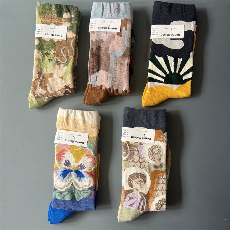 New French Bonne Maison Mid-Calf Socks for Men and Women, Artistic Oil Painting Socks, Unique and Creative, Colorful Socks - Image 1
