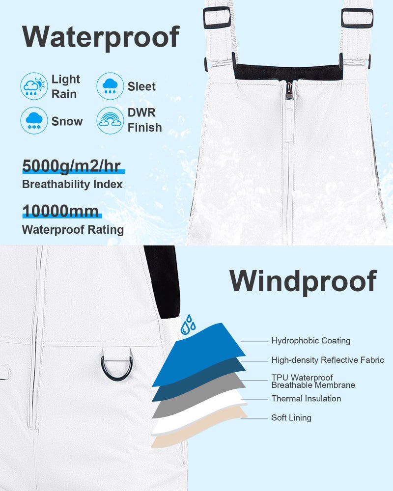 Pursky Kids Snow Sports Cargo Snow Pants with Articulated Knees Boys Snow Bibs Girls Snowpants Youth Ski Bibs Husky Ski Pants Snowbibs White 4/5 - Image 3