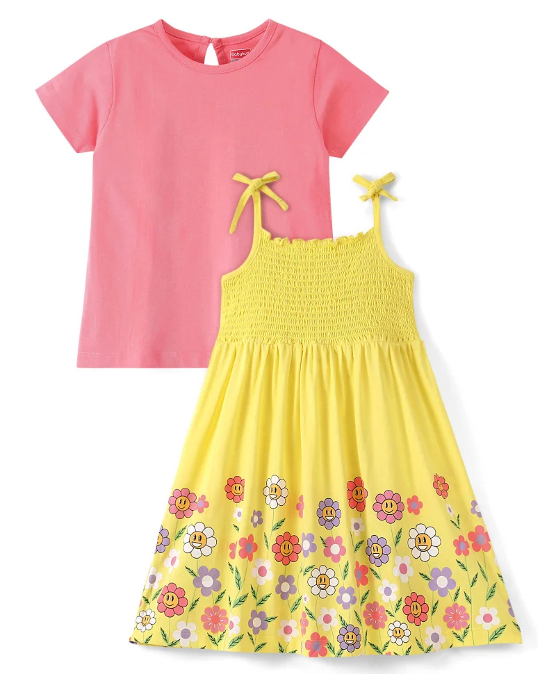 babyhug Babyhug Cotton Knit Frock with Half Sleeves Inner Tee Floral Print - Peach & Yellow