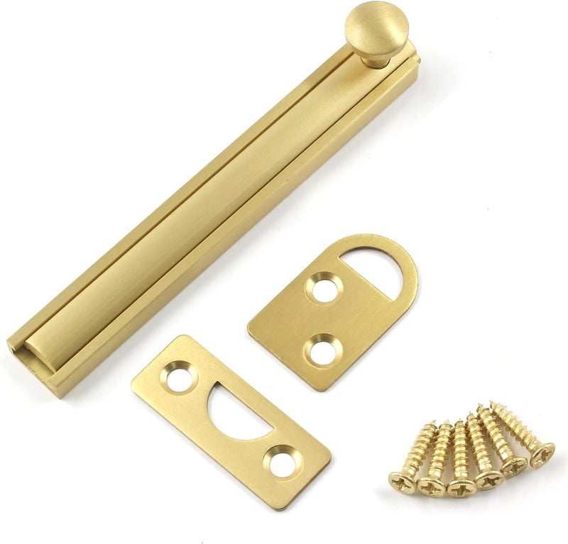 Luckam Solid Brass Slide Bolt Latch, , Heavy Duty Solid Door Lock Latch, Cabinet Surface Bolt with Screws (4Inch, Brushed Gold) - Image 1