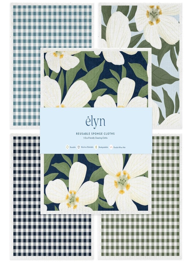 ELYN Swedish Dishcloths, Reusable & Washable Sponge Cloths, Absorbent Cleaning Paper Towels for Kitchen, Dishes, Counters and More, 5 Pack, Assorted Magnolia & Gingham Patterns - Image 1