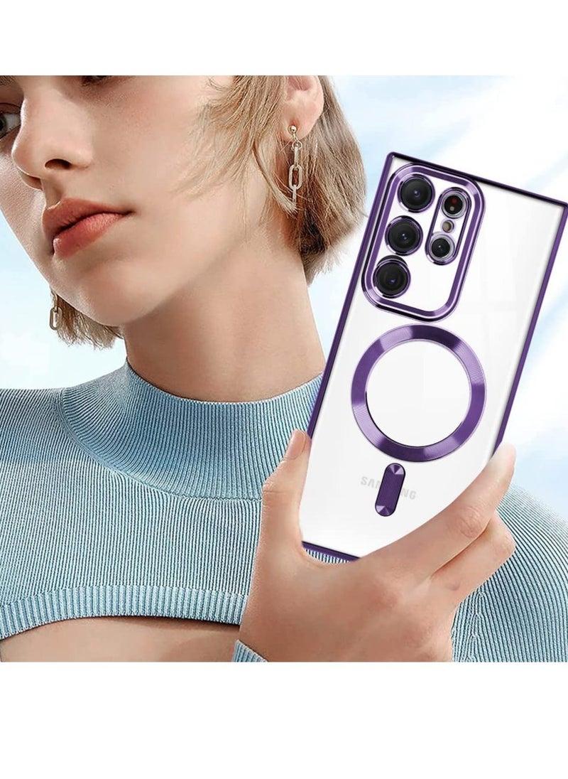 Magnetic Clear Case for Galaxy S23 Ultra Case,Compatible with MagSafe, Love Heart Design Electroplated Case Soft TPU Shockproof Full Camera Lens Protective Case