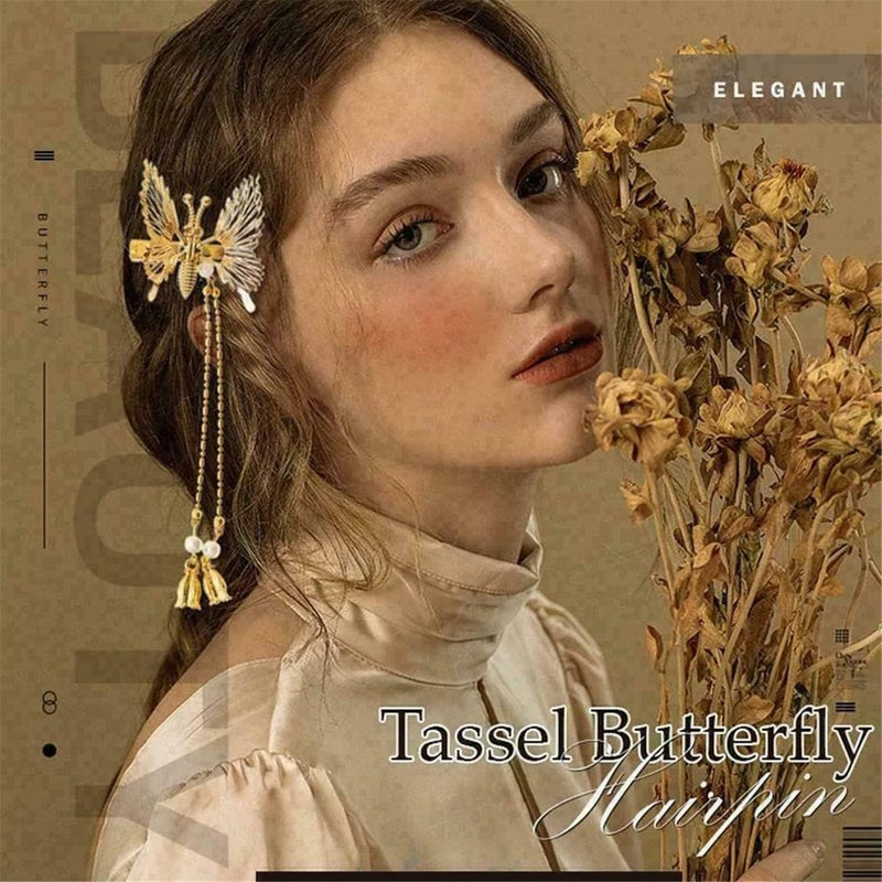 woobles Elegant Tassel Butterfly Hairpin, Moving Flying Girls Shiny Hair Clips Barrette,Antique Side Clip Will Move Butterfly Hairpin,Elegant Metal Tassel Long Hair Clip,Perfect Women's Gift (Gold+Silver) - Image 2