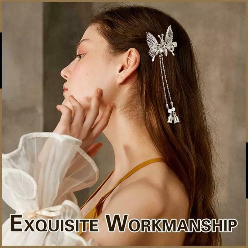 woobles Elegant Tassel Butterfly Hairpin, Moving Flying Girls Shiny Hair Clips Barrette,Antique Side Clip Will Move Butterfly Hairpin,Elegant Metal Tassel Long Hair Clip,Perfect Women's Gift (Gold+Silver) - Image 3