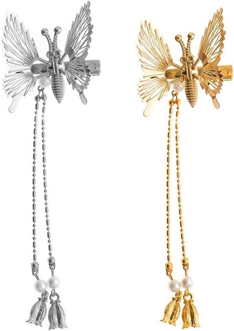 woobles Elegant Tassel Butterfly Hairpin, Moving Flying Girls Shiny Hair Clips Barrette,Antique Side Clip Will Move Butterfly Hairpin,Elegant Metal Tassel Long Hair Clip,Perfect Women's Gift (Gold+Silver) - Image 1