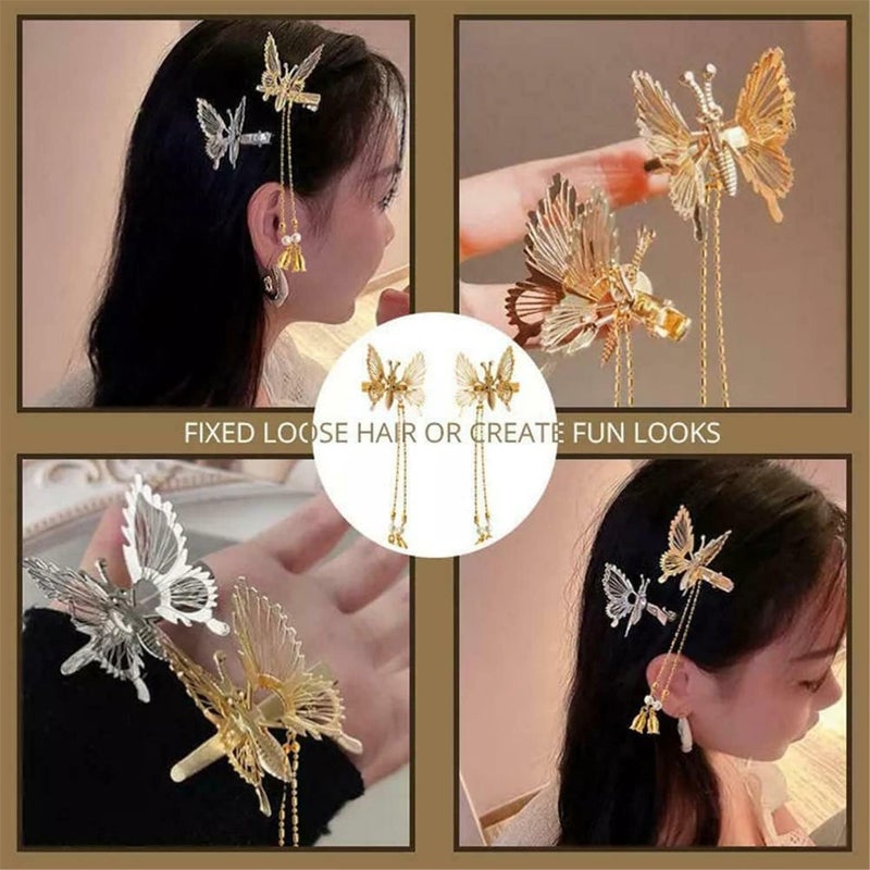 woobles Elegant Tassel Butterfly Hairpin, Moving Flying Girls Shiny Hair Clips Barrette,Antique Side Clip Will Move Butterfly Hairpin,Elegant Metal Tassel Long Hair Clip,Perfect Women's Gift (Gold+Silver) - Image 5