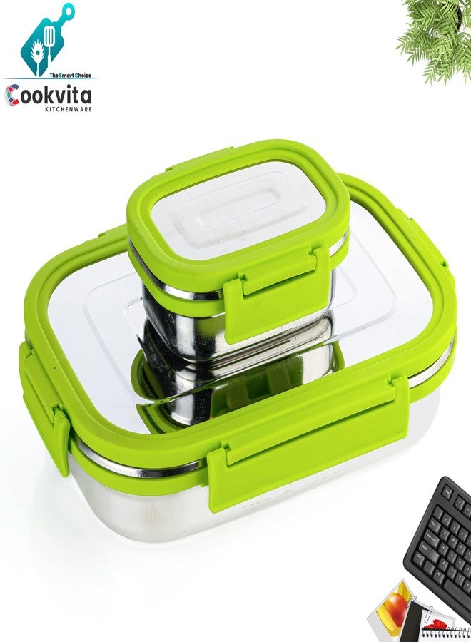 COOKVITA علبة غداء COOKVITA الممتازة المصنوعة من الفولاذ المقاوم للصدأ للمدرسة والجامعة والمكتب (عبوة من قطعة واحدة، لون أخضر) (TCP_FUIJAN_Lunchbox_Green_1) - Image 2