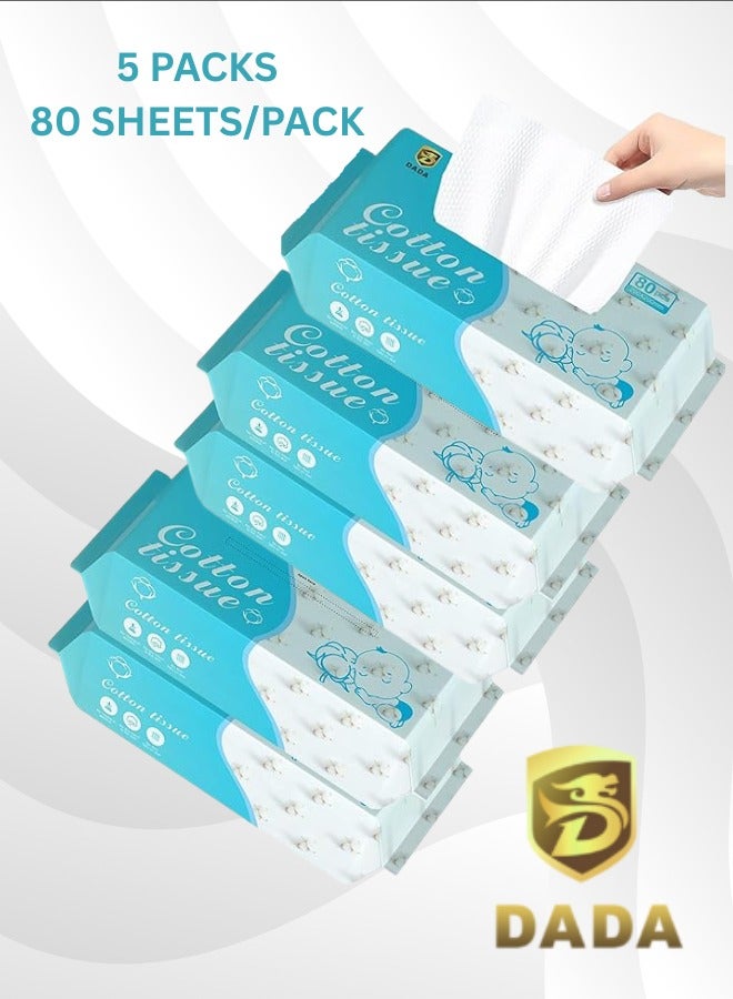 دادا 5 عبوات مناديل قطنية، 100% قطن نقي، آمنة وناعمة لبشرة الطفل، مناديل قطنية لطيفة ونظيفة للوجه، للاستخدام الجاف والرطب، متعددة الأغراض، 80 ورقة/عبوة - Image 1