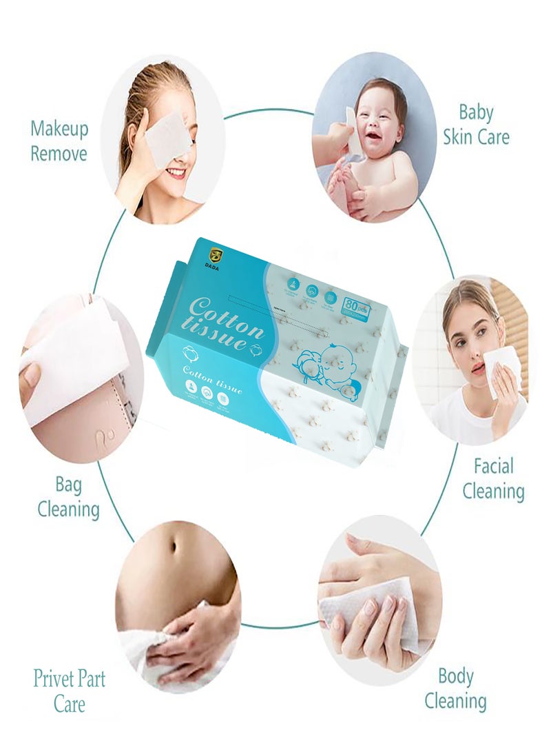دادا 5 عبوات مناديل قطنية، 100% قطن نقي، آمنة وناعمة لبشرة الطفل، مناديل قطنية لطيفة ونظيفة للوجه، للاستخدام الجاف والرطب، متعددة الأغراض، 80 ورقة/عبوة - Image 2