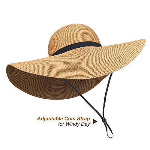 Naivlizer Women Wide Brim Sun Hat UPF50 Straw Summer Hat Floppy Beach Hat Roll-Up,Tie Brown - Image 3