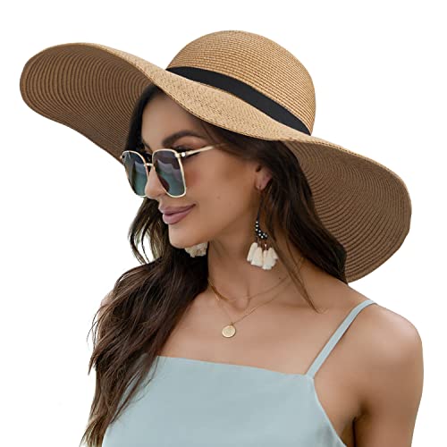 Naivlizer Women Wide Brim Sun Hat UPF50 Straw Summer Hat Floppy Beach Hat Roll-Up,Tie Brown - Image 1