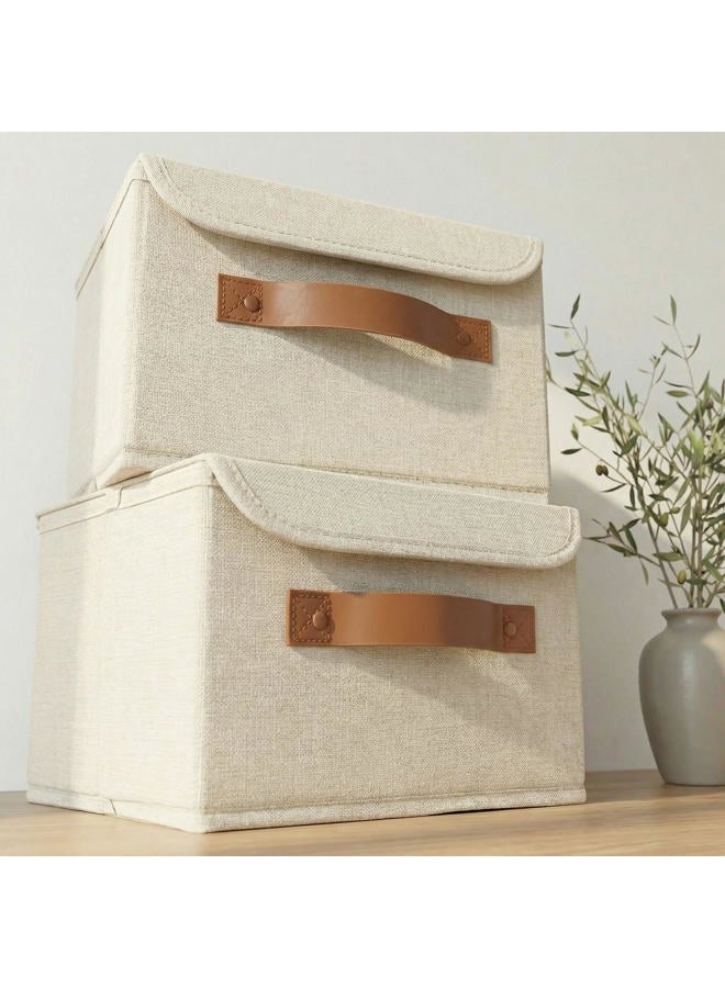 ZICOTO Beautiful Storage Bin with Lid – Foldable Cotton-Linen Fabric Box with PU Leather Handles, Decorative Closet Organizer Cube Reinforced with PP Board - Image 1