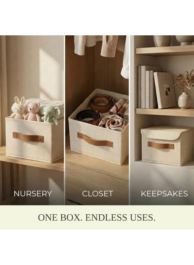 ZICOTO Beautiful Storage Bin with Lid – Foldable Cotton-Linen Fabric Box with PU Leather Handles, Decorative Closet Organizer Cube Reinforced with PP Board - Image 4