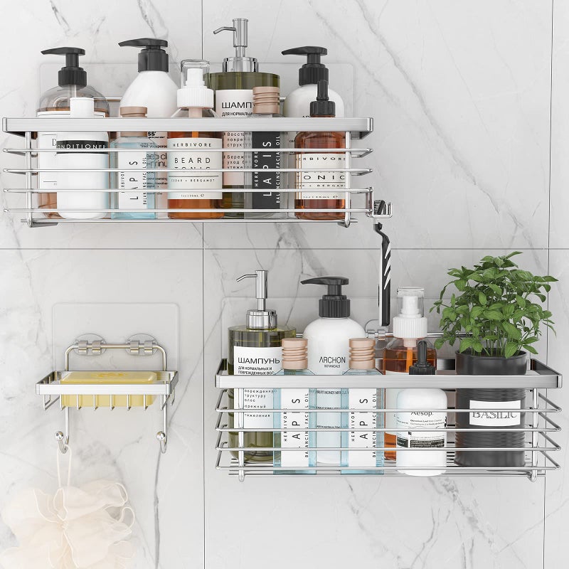 ODesign Shower Caddy 3 Pack-Shower Bathroom Shelves Rack,Rustproof Wall Mounted SUS304 Stainless Steel-No Drilling,Adhesive Shower Shelf Suction Cup Shower Basket Organizer-Silver - Image 1