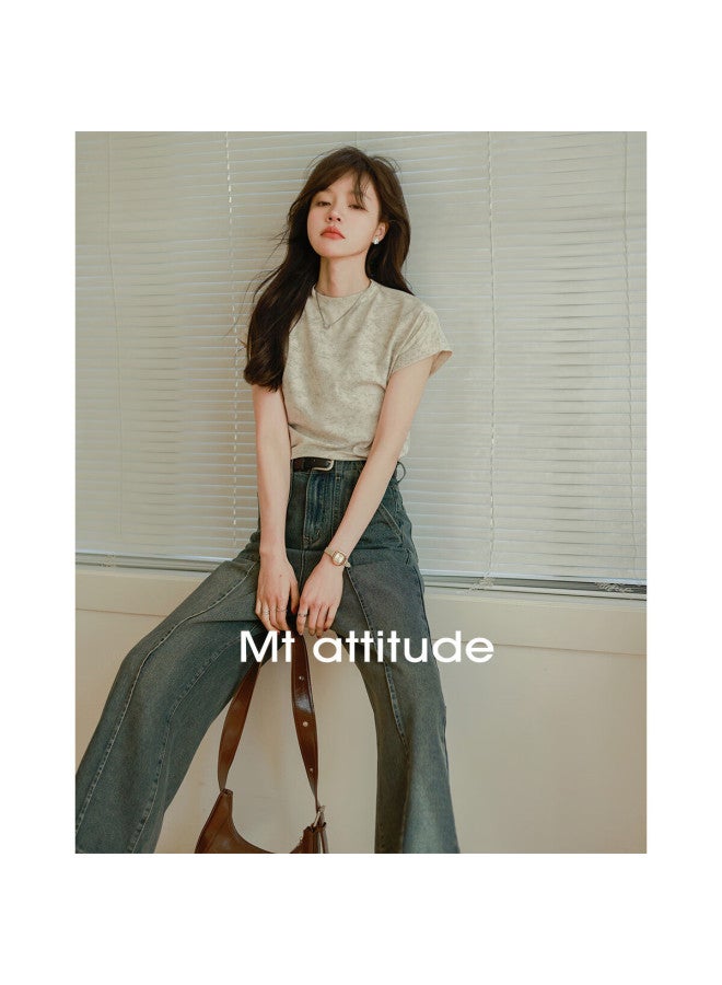 Mt , Spring Elastic Ribbed Wax-dyed Simple Slim-fit Elegant Short T-shirt - Image 1