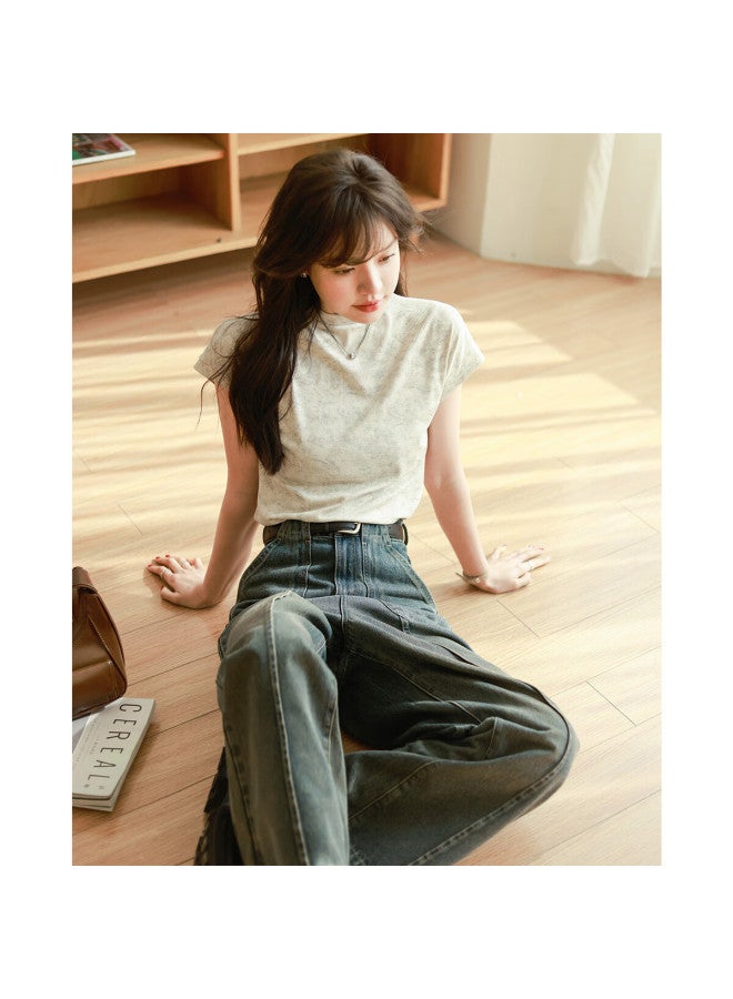 Mt , Spring Elastic Ribbed Wax-dyed Simple Slim-fit Elegant Short T-shirt - Image 5