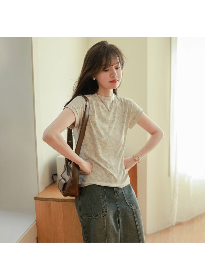 Mt , Spring Elastic Ribbed Wax-dyed Simple Slim-fit Elegant Short T-shirt - Image 3
