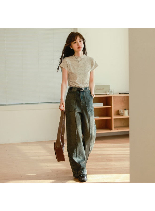 Mt , Spring Elastic Ribbed Wax-dyed Simple Slim-fit Elegant Short T-shirt - Image 4