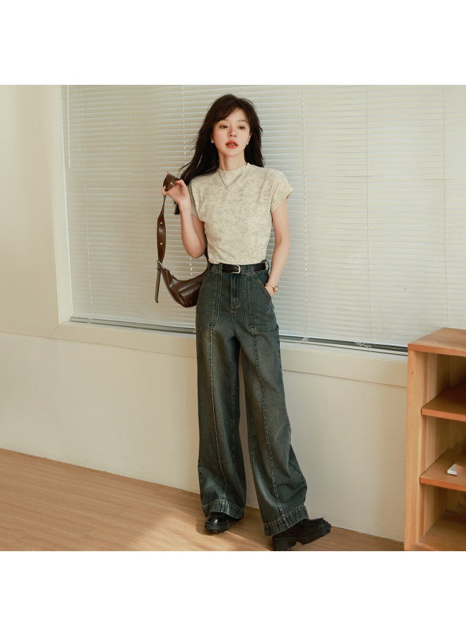 Mt , Spring Elastic Ribbed Wax-dyed Simple Slim-fit Elegant Short T-shirt - Image 2