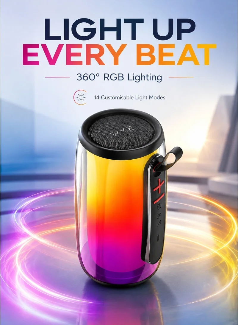واي مكبر صوت لاسلكي محمول بصوت قوي بقوة 10 واط، وإضاءة RGB بزاوية 360 درجة مع 14 وضعاً قابلاً للتخصيص، وتقنية الاقتران الستيريو (TWS)، ومنافذ USB-C وUSB وAUX وفتحة بطاقة TF، وراديو FM، وميكروفون مدمج - أسود