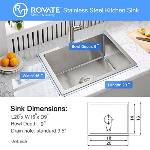 ROVATE 20 x 16 x 9 inch Kitchen Sink Undermount Single Bowl, Bar or Kitchen Sink Handmade, 304 Stainless Steel Kitchen Sinks with Strainer - Image 4